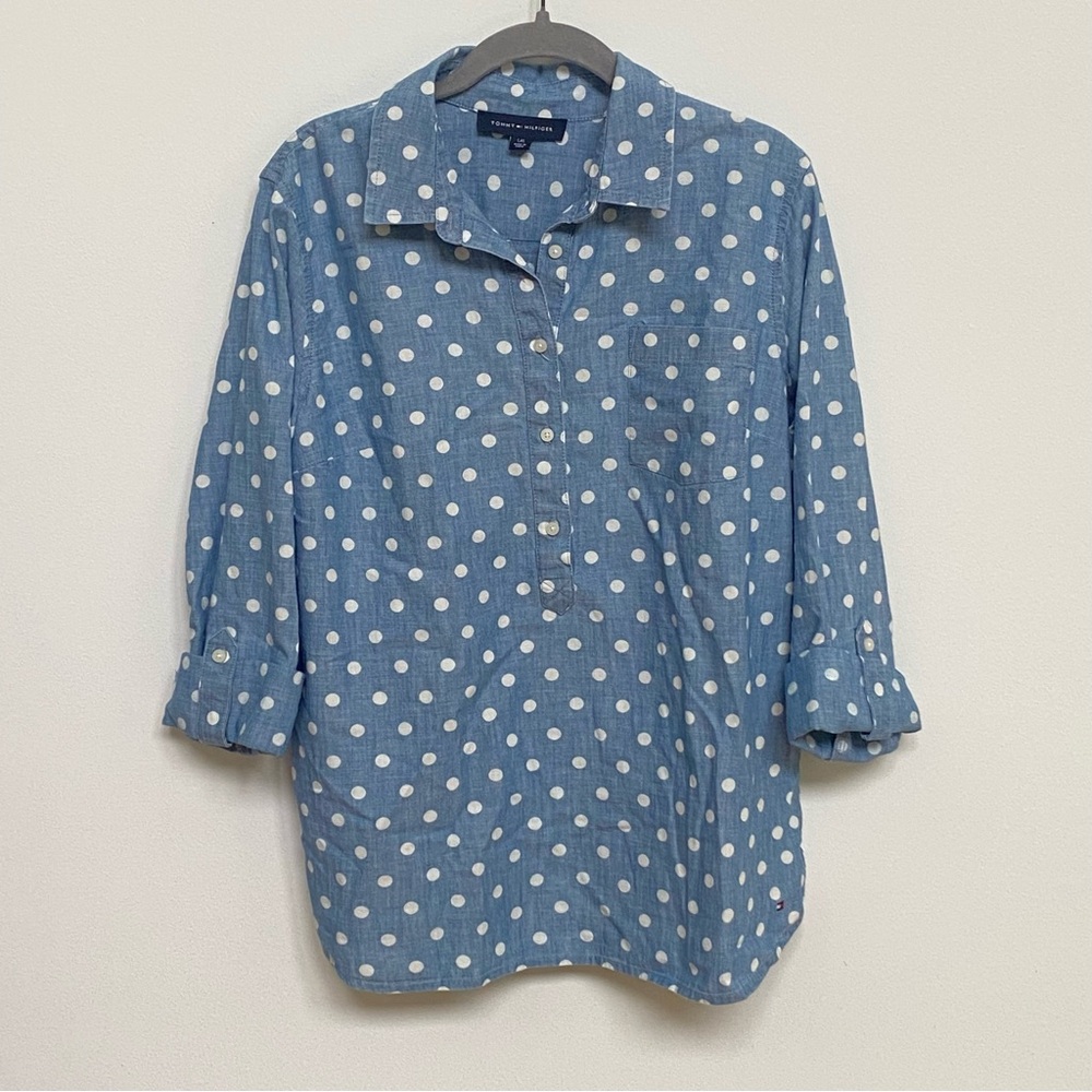 Tommy Hilfiger Blue Cotton Denim Polka Dot Button-Up Shirt Roll Up Sleeves Large